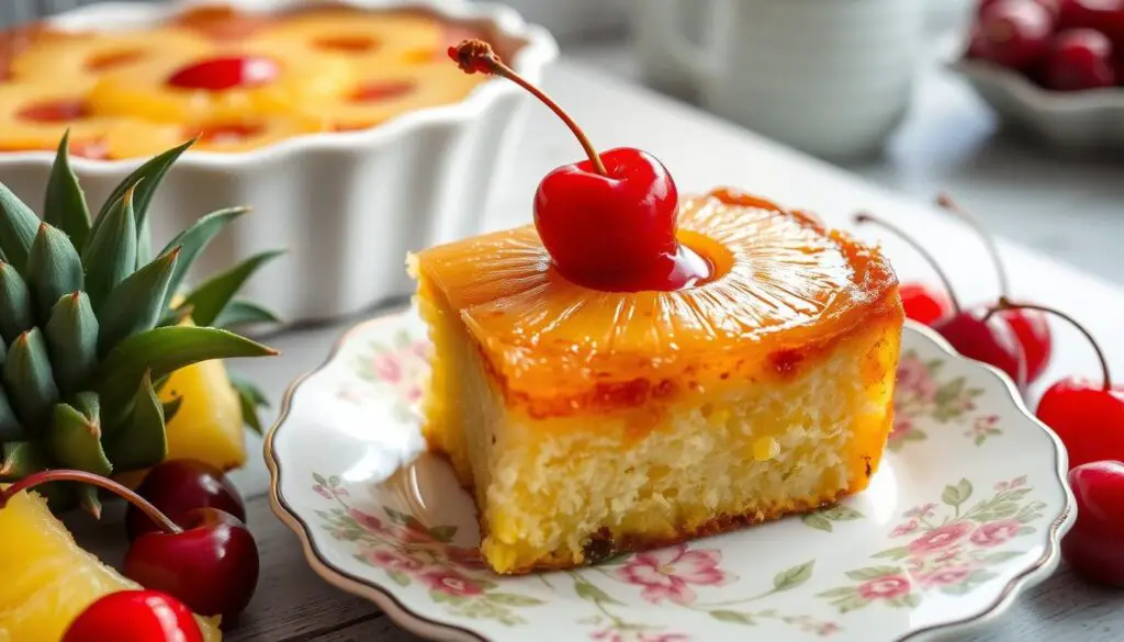 Serving pineapple upside down cake