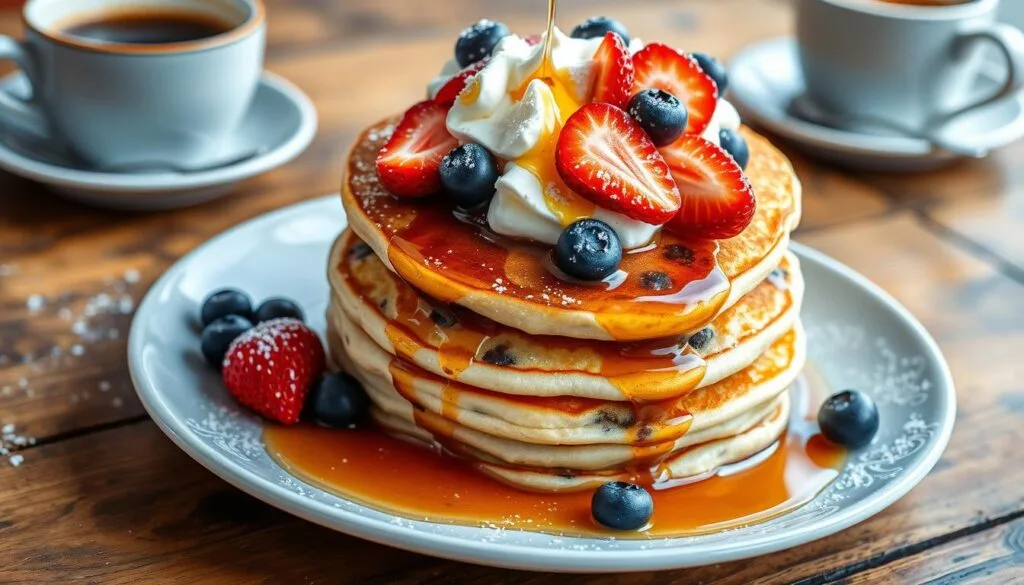 chocolate chip pancakes with various toppings