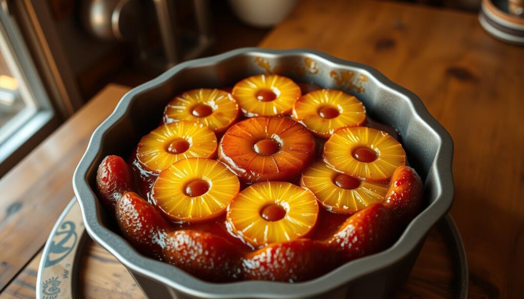 pineapple upside down cake in a bundt pan