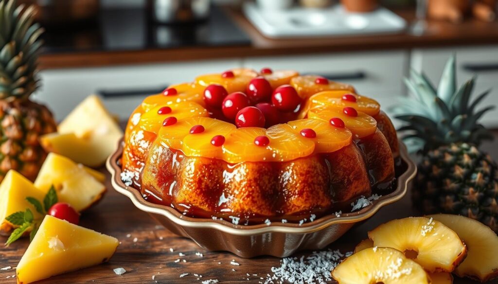 pineapple upside down cake in a bundt pan