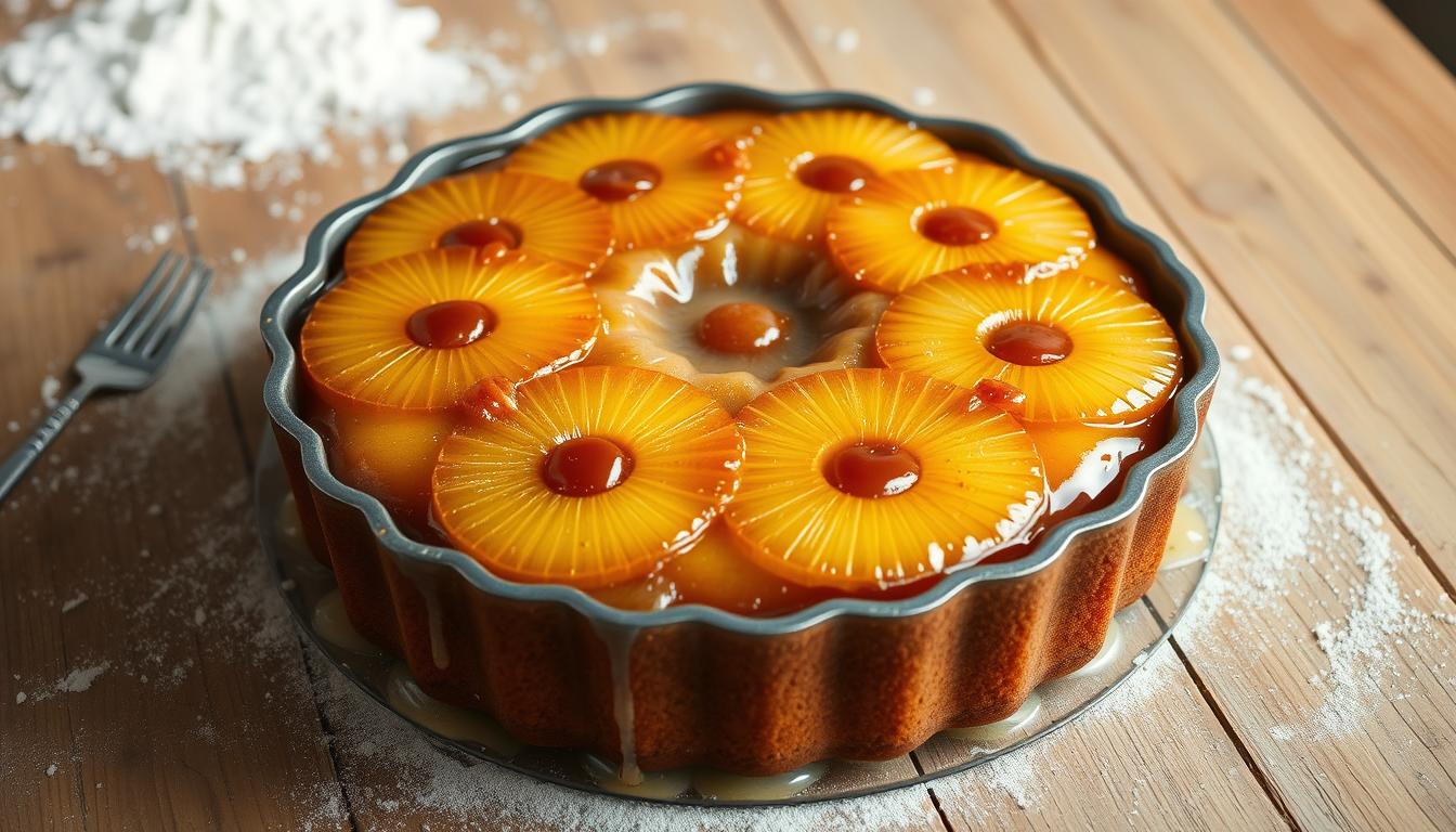 pineapple upside down cake in a bundt pan