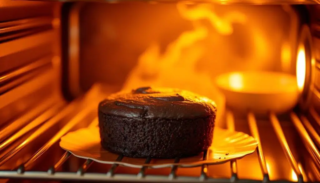 small chocolate cake in oven