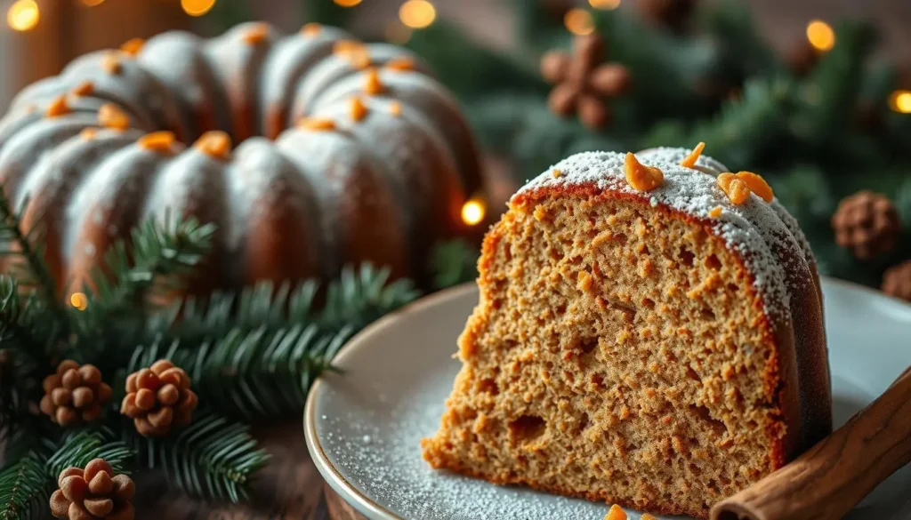 A slice of gingerbread bundt cake