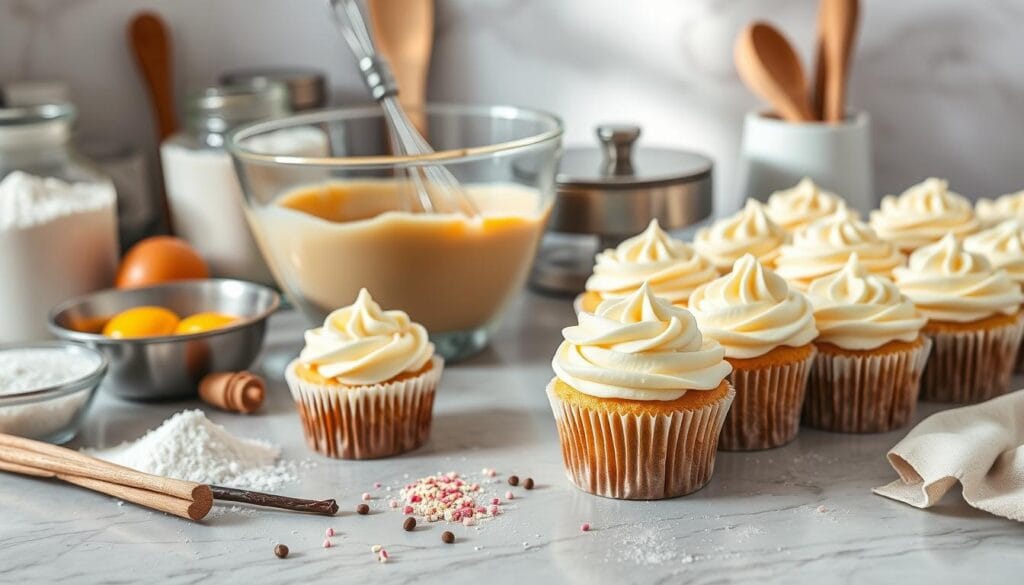 A beautifully styled kitchen countertop featuring an array of baking tools and ingredients for vanilla cupcakes.